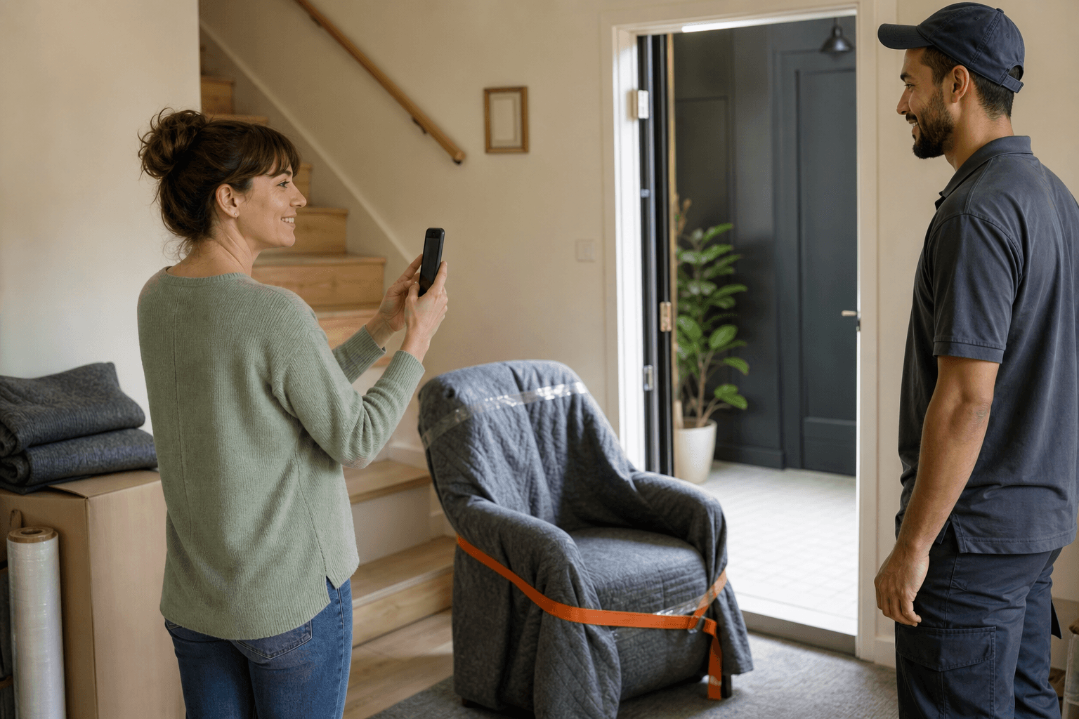 Klientė telefonu fotografuoja perkraustymui paruoštą fotelį ir priėjimą